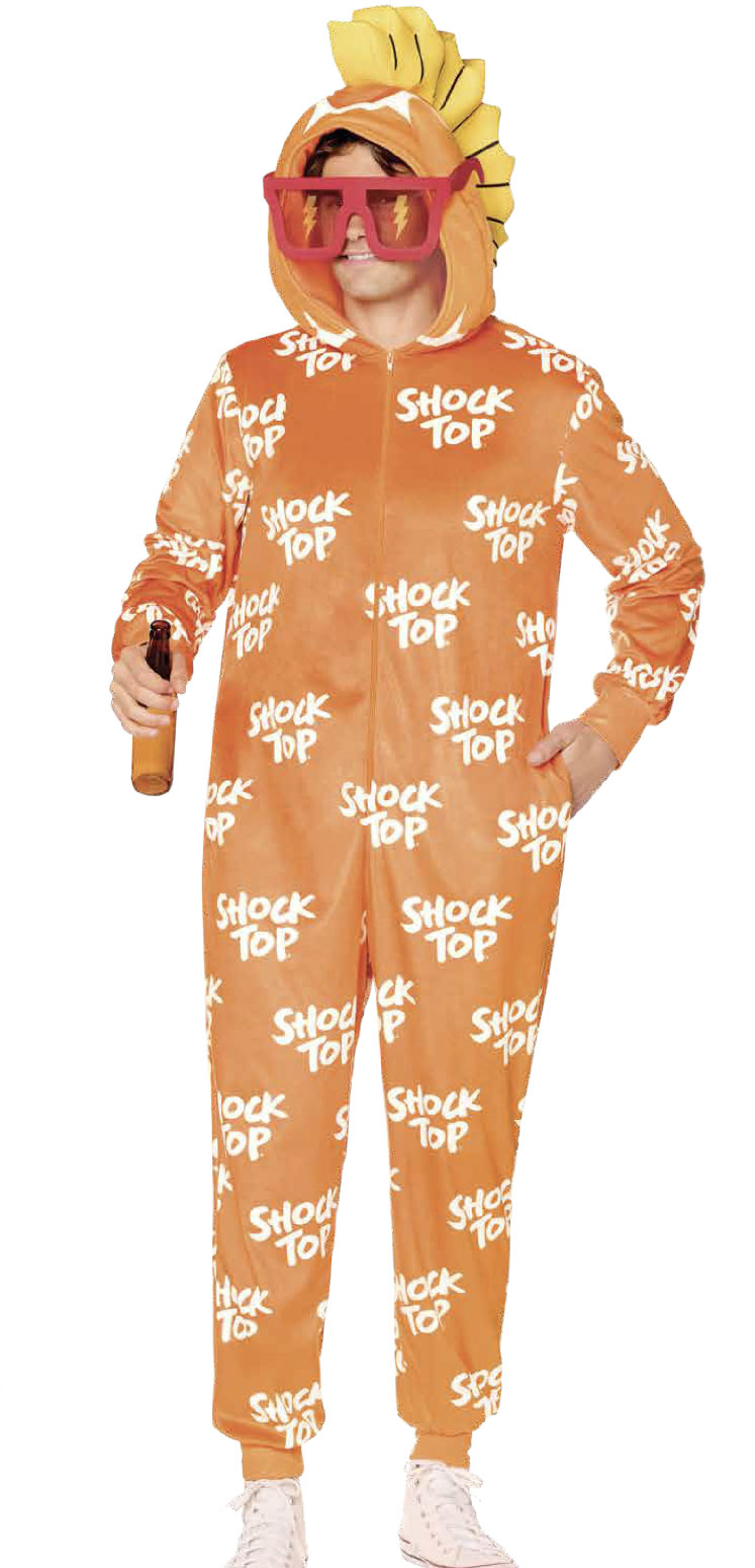 Man in Shocktop Wedgehead costume from Spirit Halloween holding a beer bottle.